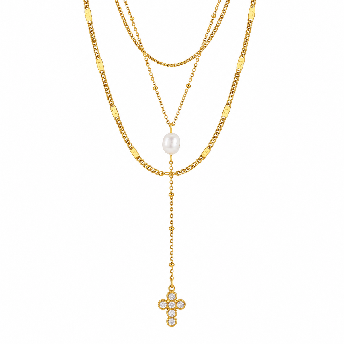 Collar Triple Cruz y Perla